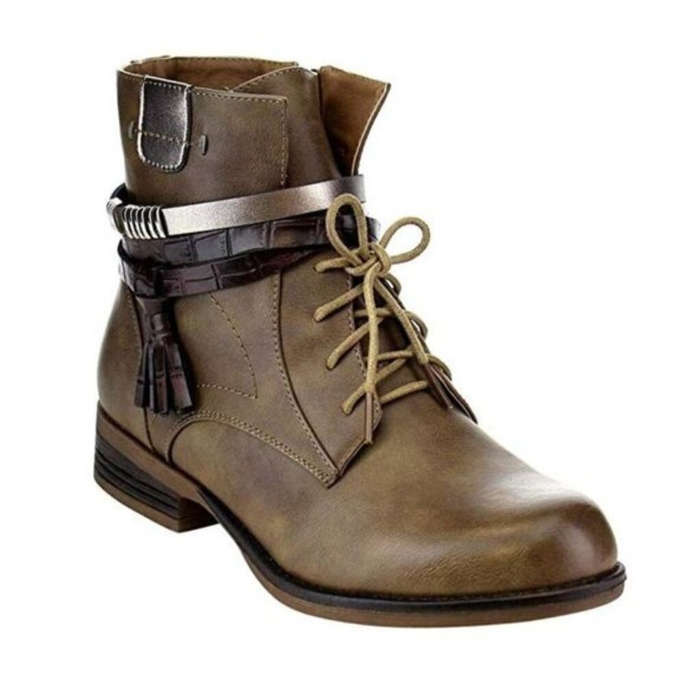 Via Pinky Women's 8 Khaki Vegan Lace-Up Ankle Bootie Festival Western Cowgirl